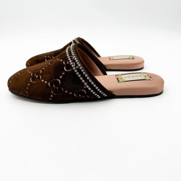 Gucci GG Brown Velvet Crystal Mules Slippers Loafers EU 38 US 8 - Picture 4 of 12